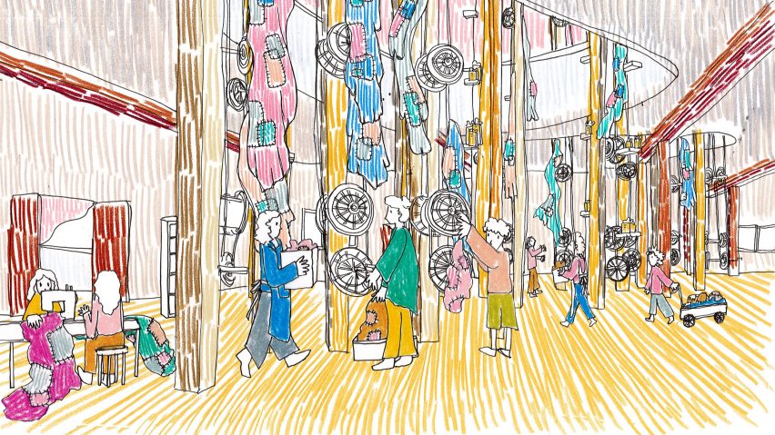Colourful hand drawing on the interior of a material upcycling workshop