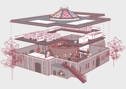 Perspective exploded 3D model of a square building by student at Ravensbourne University London