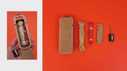 Paragliding toolkit comprising rope and sewing thread in a wooden box