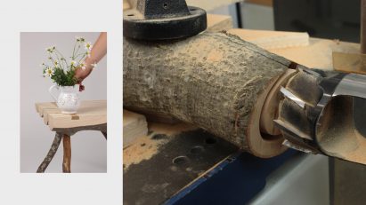 Wooden side table made from branches and discarded wood by student at Lucerne University of Applied Sciences and Arts