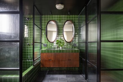 Green-tiled bathroom