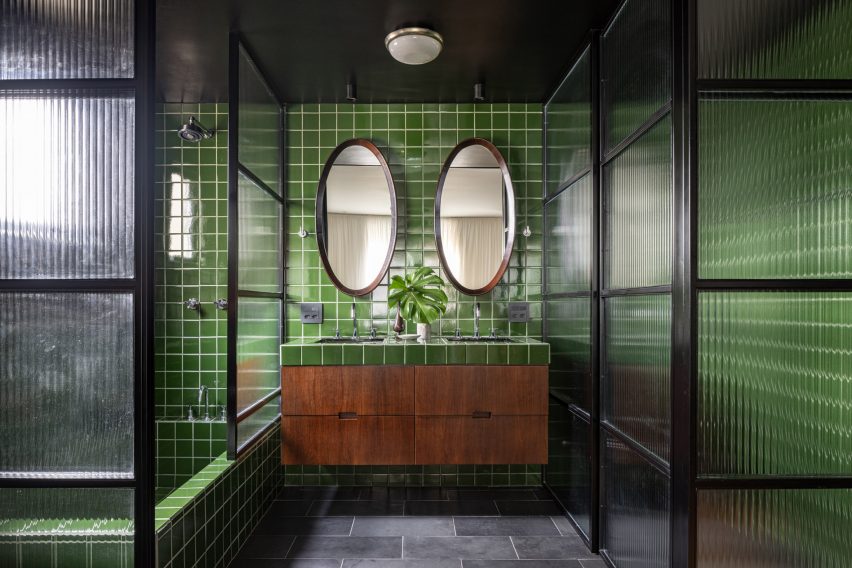 Green-tiled bathroom
