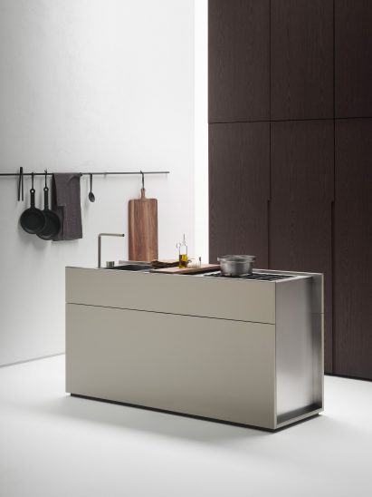 Small Living Kitchens island by Falper in stainless steel