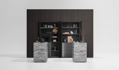 Small Living Kitchens tall units by Falper in wood veneer
