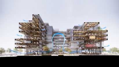Section showing natural ventilation system in Alibaba's Shanghai Headquarters by SOM