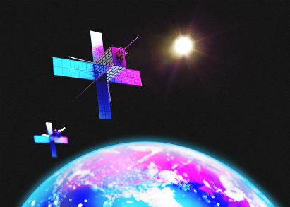 A digital image of a satellite flying above earth