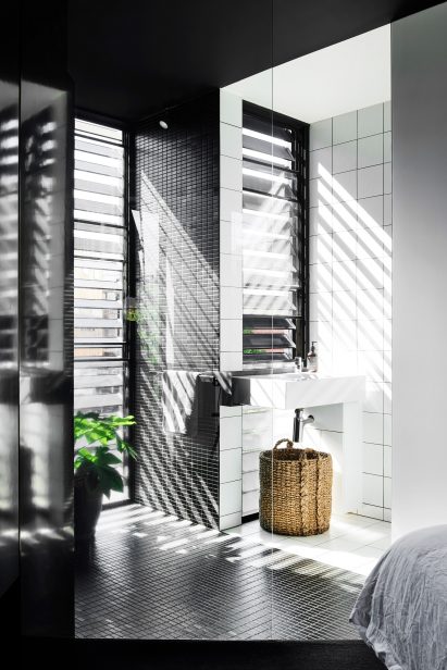 Interior image of a monochromatic bathroom