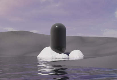 A virtual black building shaped like a pill