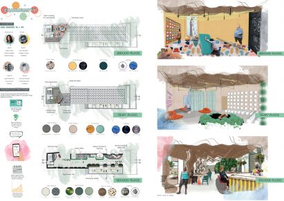 Three interior renders and plans of a health and wellbeing space