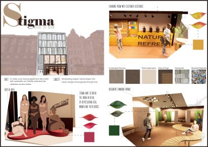 Interior and exterior renders of a retail space by a student at The University of Huddersfield