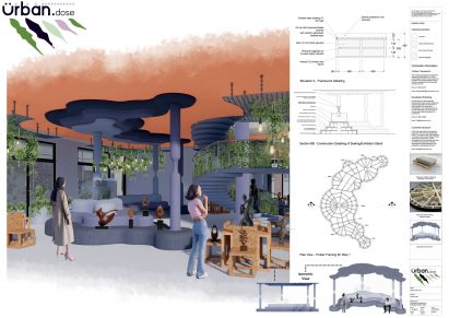 Interior render and construction details of a student project from The University of Huddersfield