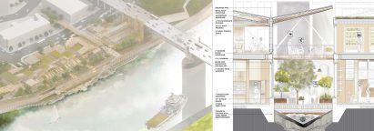 Isometric drawing and annotation section of a building on a riverside