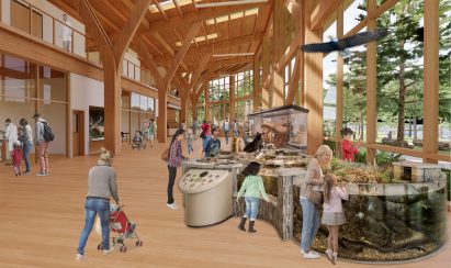 Rendered interior of a wildlife centre with timber structure and flooring