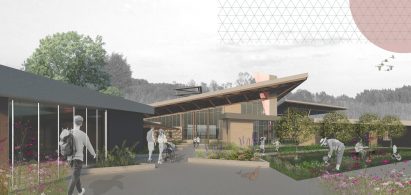 Low-lying structure with pitched roof and garden spaces