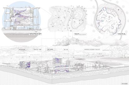 Annotation sectional isometric drawing with sections and floor plans