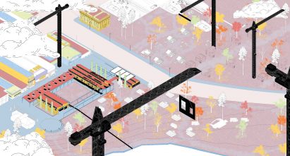 Isometric colourful drawing of a city plan with cranes