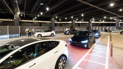 Teslas standing in The Boring Company's Vegas Loop station at Resorts World Las Vegas