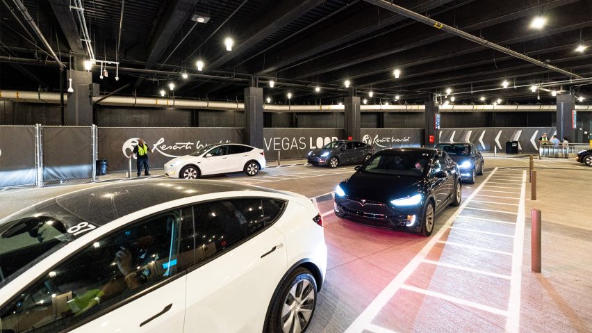 Teslas standing in The Boring Company's Vegas Loop station at Resorts World Las Vegas
