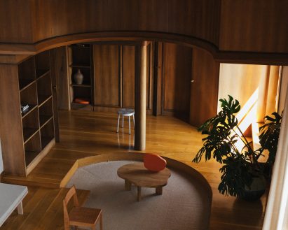 Assorted Frama chairs in wood panelled living room of Villa Medicea di Marignolle