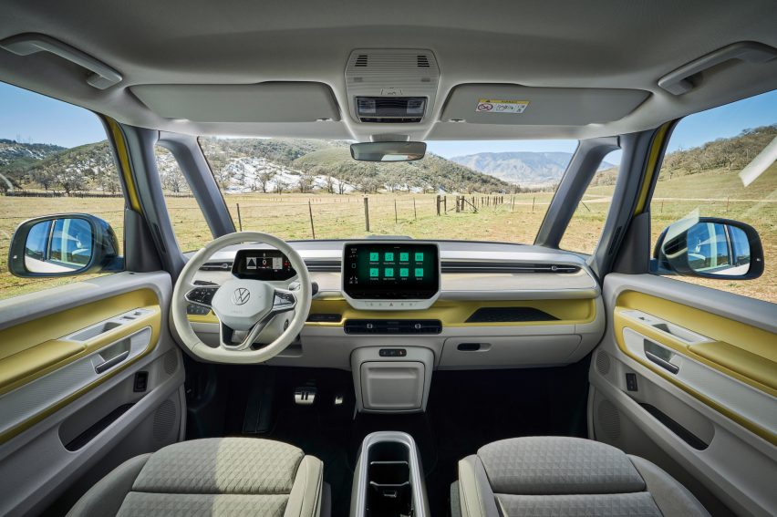 Front interior of the Volkswagen ID Buzz van with non-leather materials