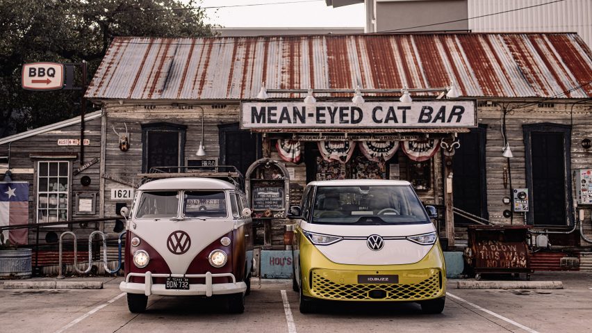 Volkswagen ID Buzz next to a vintage VW van in a parking lot
