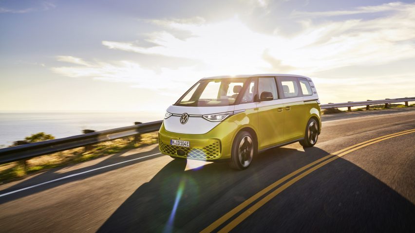 Volkswagen ID Buzz van drives on an open road