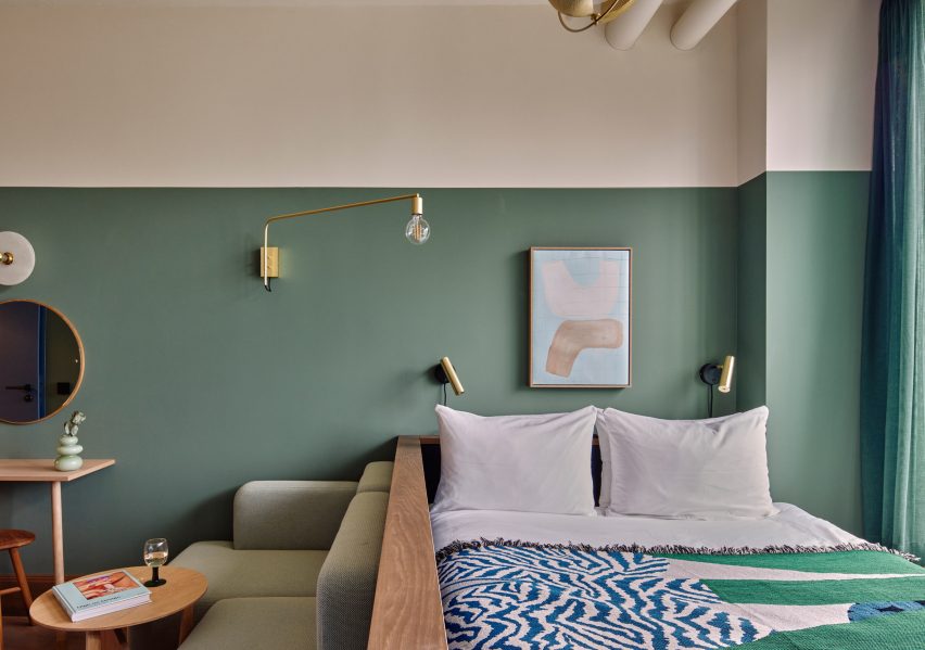Guest rooms inside Wunderlocke hotel in Munich, designed by Holloway Li