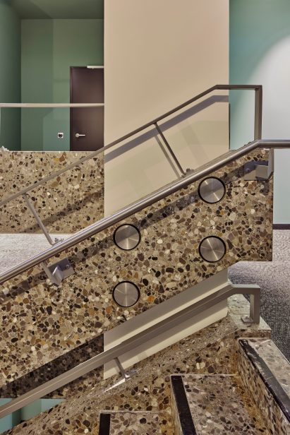 Terrazzo staircase with steel railings inside Wunderlocke hotel