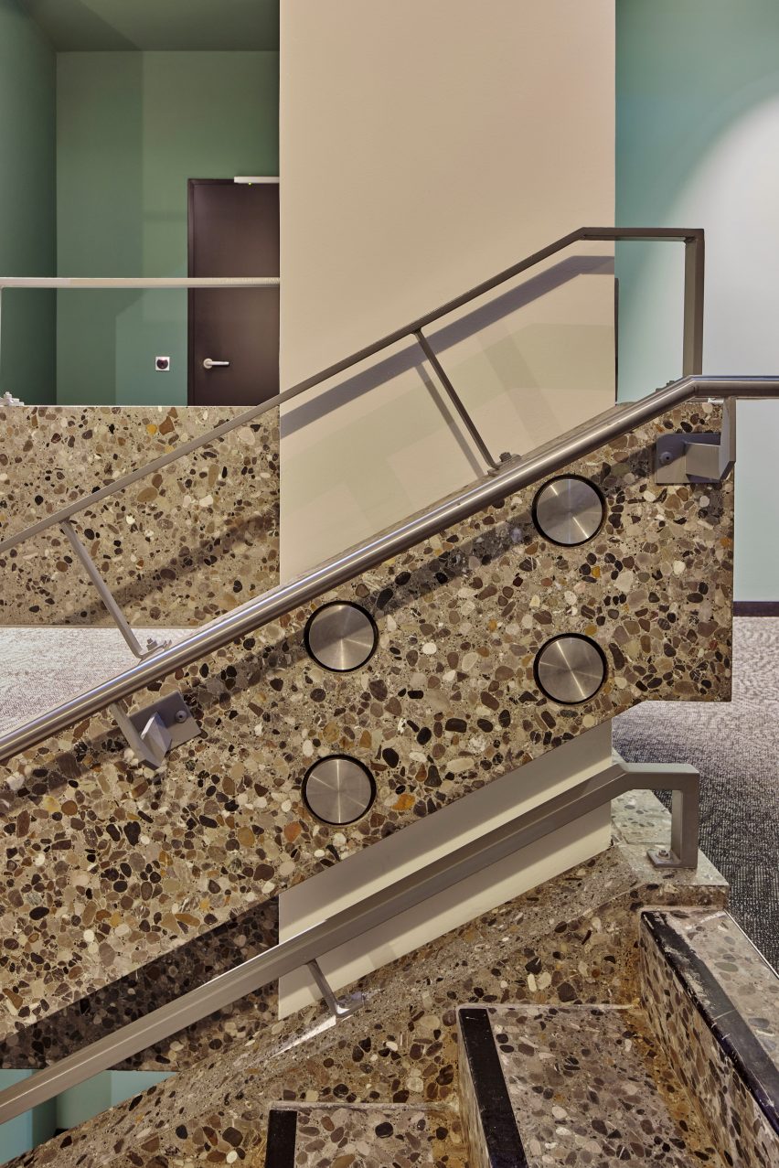 Terrazzo staircase inside Wunderlocke hotel in Munich, designed by Holloway Li
