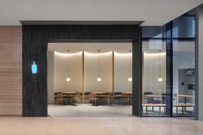 The seating area connecting the shopping centre at Blue Bottle Coffee Shanghai