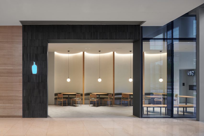 The seating area connecting the shopping centre at Blue Bottle Coffee Shanghai