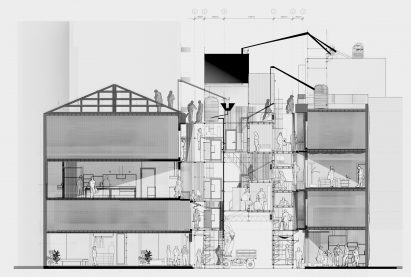 An architectural drawing of people walking around a building 