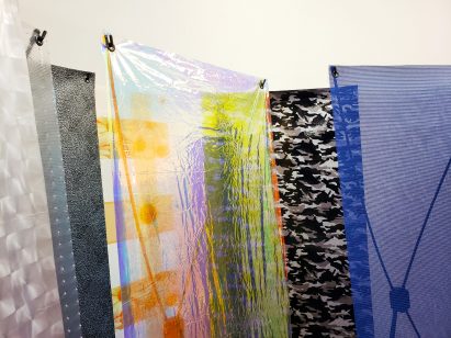 An installation made from sheets of textiles