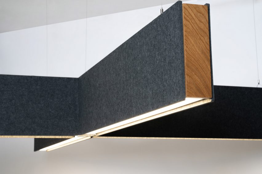 Photograph showing detail of X-shaped lighting fixture