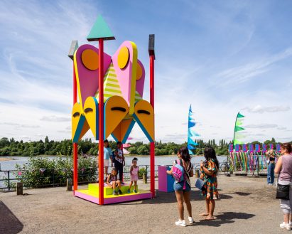 Babs Baldachino at Birmingham's Edgbaston Reservoir with people standing inside