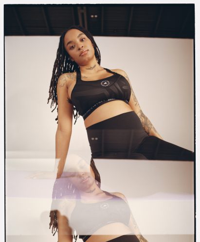A model wearing black Stella McCartney for Adidas clothes