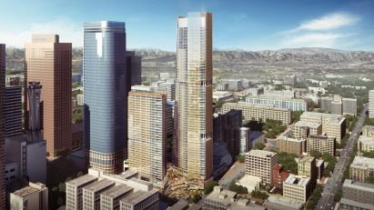 Aerial render of planned Angels Landing skyscraper in Los Angeles by Handel Architects