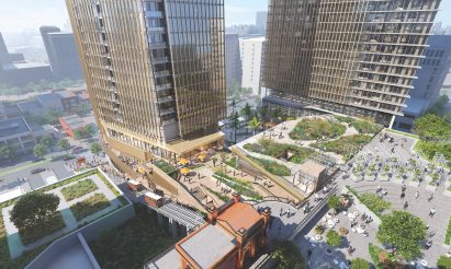 Aerial-view render of funicular railway leading up to Angels Landing public park