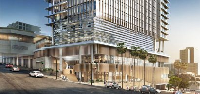 Render of planned skyscraper in Los Angeles by Handel Architects with exposed columns