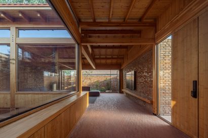 Wood-lined hallway at Mixed House