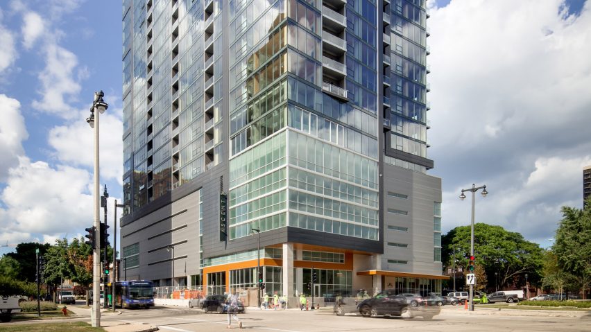 Glass-clad mass-timber building in Wisconsin