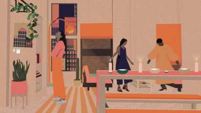 Colour-block illustration of two people in a living-dining space with orange and pink highlights