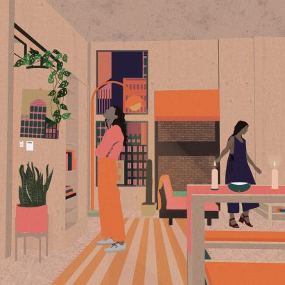 Colour-block illustration of two people in a living-dining space with orange and pink highlights