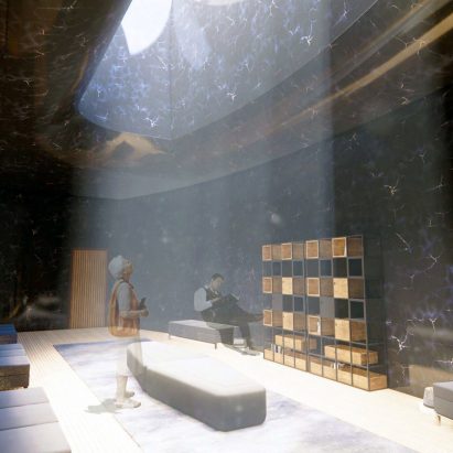 Interior render of a reading space with a large skylight by a student at California Baptist University