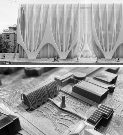 Black and white render elevation and photograph of a 3D model by student at California Baptist University