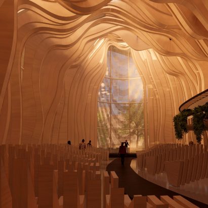 Interior render of a chapel with curved forms on the walls and ceilings and a large window at the end of the aisle