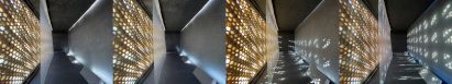 Series of four images of light shining through a perforated wall in different patterns