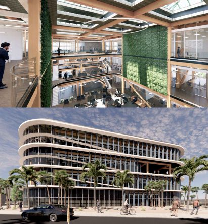 Interior atrium space and exterior elevation of a large building by student at California Baptist University