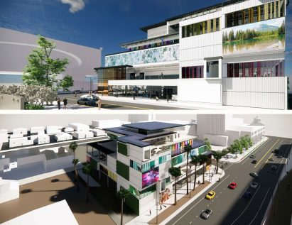 Two exterior elevations of a white building with stepped terraces and digital boards