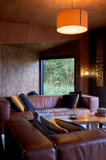 Living room lined with exposed SIPs